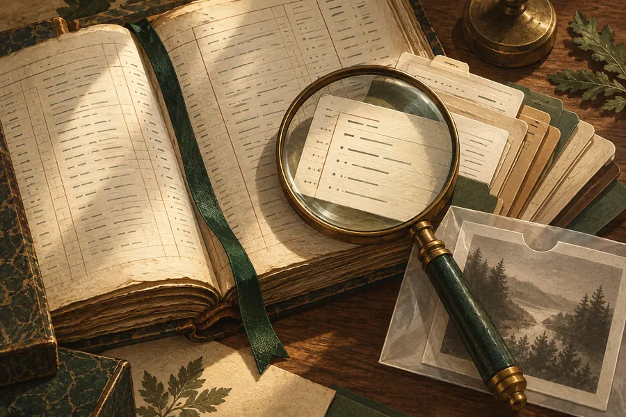 Editorial illustration of a magnifying glass above archive index cards and a bound ledger.