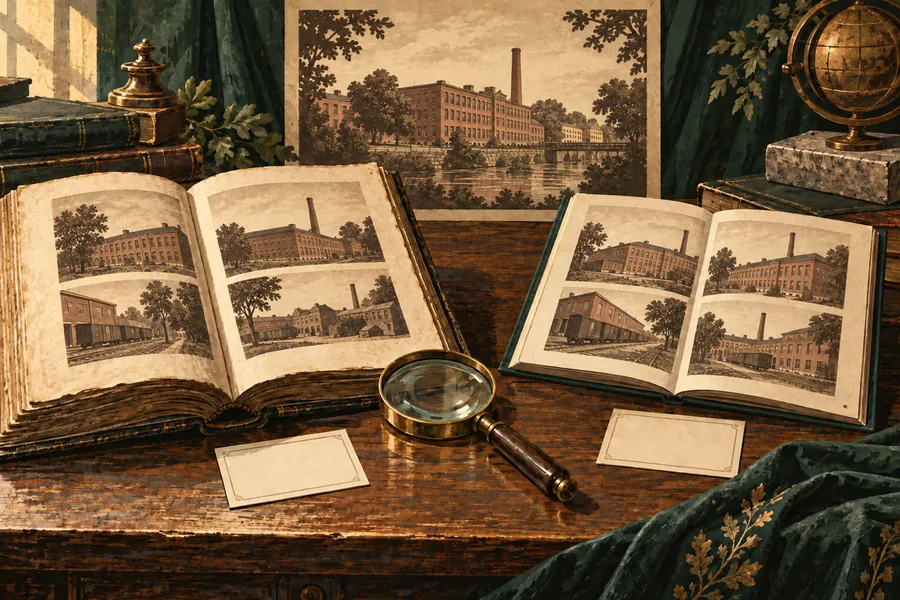 Editorial illustration of two archive albums containing imagined American factory scenes.