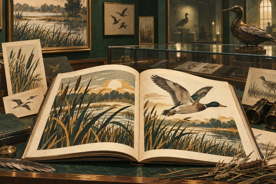 Editorial illustration of a vintage sporting catalog and museum display fragments.