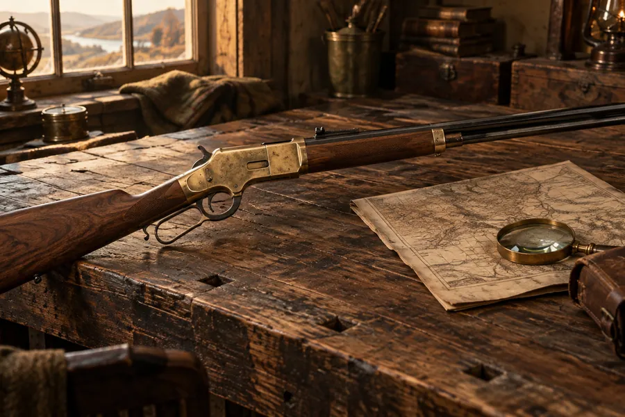 Illustrative still life of an antique brass-framed lever-action rifle on a walnut table
