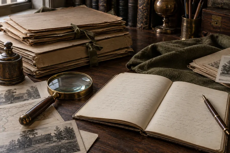 Illustrative collector’s desk with archival papers and a magnifying glass