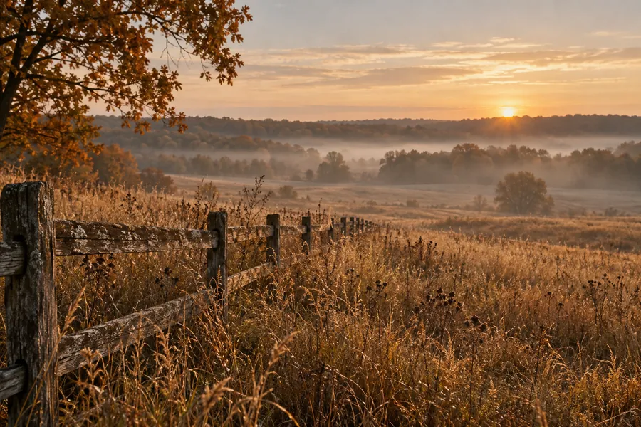 Illustrative autumn landscape with field grasses and a country fence
